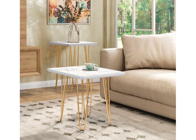 Bendigo Tall Side Table with Wooden Top White Stone Effect and Chrome Legs 